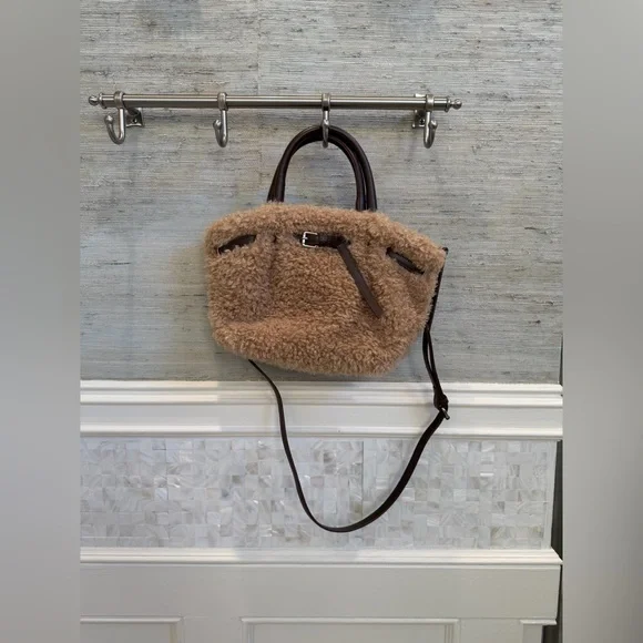 New Anthropologie Sherpa belted tote bag crossbody purse tan brown satchel - Picture 11 of 15